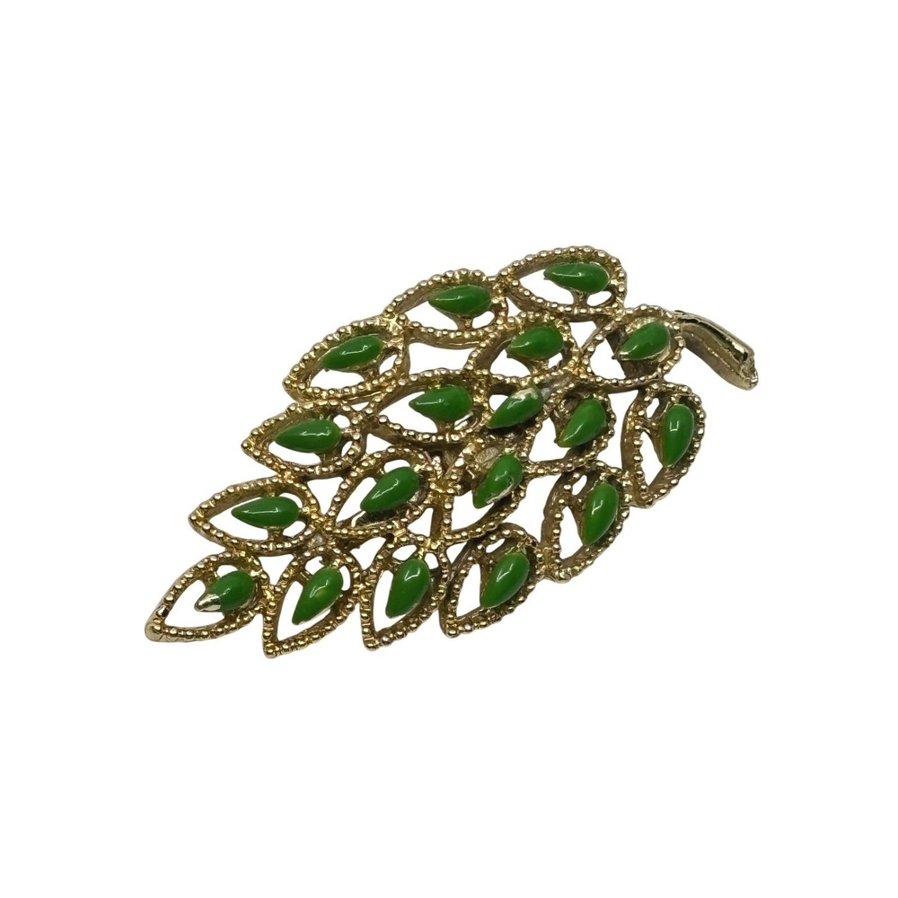 Vintage Gold Tone Green Enamel Leaf Brooch Botanical Textured Filigree Pin